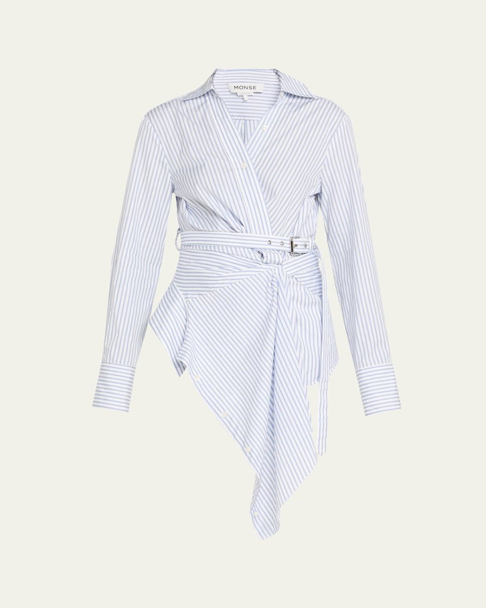Striped Belted Asymmetric Wrap Blouse